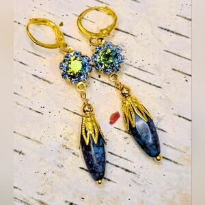 Victorian Blue Swarovski Crystal & Mottled Glass Drop Gold Plated Earrings